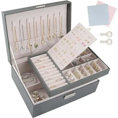 Image of TEIVUL Jewellery Box,2 Layer Jewelry Organizer with 2 Keys and Cleaning Cloth PU Leather Box Organizer,for Necklace Earrings Bracelet Ring Accessories,Jewellery Boxes for Women Girls