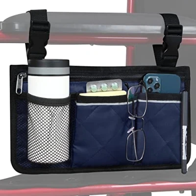 Image of HSGEZUOQI Wheelchair Side Bag, Armrest Storage Pouch with Cup Holder and Reflective Strip for Wheelchairs, Walkers or Rollators (Blue)