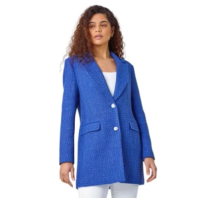 Image of Roman Womens Longline Boucle Textured Jacket Blue Size 16 UK