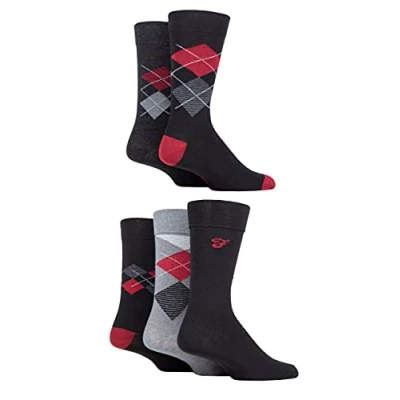 Image of Mens 5 Pair Farah Patterned Striped and Argyle Cotton Socks Black / Berry 6 11