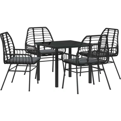 Image of vidaXL 5 Piece Garden Dining Set with Cushions Black Poly Rattan