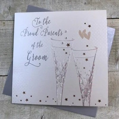 Image of WHITE COTTON CARDS TO THE PARENTS OF GROOM FLUTES WEDDING CARD, HAND FINISHED (B110 G)