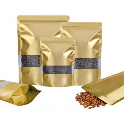 Image of Rimiko 50pcs Resealable Stand up Foil Pouches with Clear Window, Zipper Aluminum Ziplock Bags, Mylar Bags for Food Storage, Colorful Matte Packaging Candy Coffee Beans (Golden, 6.3&quot;x 9.5&quot;)