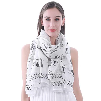 Image of Lina &amp; Lily Cat Kitten Print Scarf Shawl with Footprints Lightweight (White)(Size: One Size)