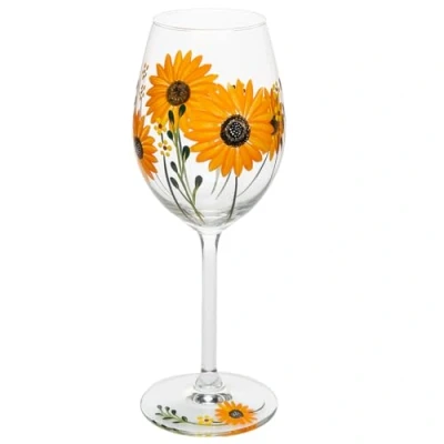 Image of Shudehill Giftware East West My Favourite Glass Floral Hand Painted Wine Lavender, Delphinium, Poppy, Daisy, Gerbera, Sunflower, Butterfly Meadow, Bee or Dragonfly Designs (Sunflower)