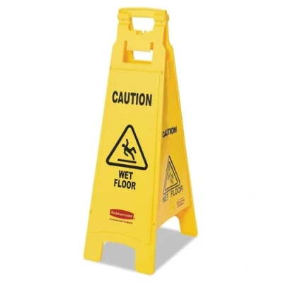 Image of Rubbermaid Commercial 4 Sided Floor Sign with Caution Wet Imprint Yellow