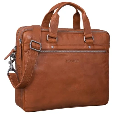 Image of STILORD &#039;Brayson&#039; Briefcase Laptop Bag Leather for 16&#039; MacBooks Vintage Work Large Satchel Business Shoulder Attachable to Trolleys, Colour:maraska Brown