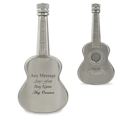 Image of Personalised Engraved Silver 5oz Guitar Hip Flask, Personalise with Any Message for Occasion