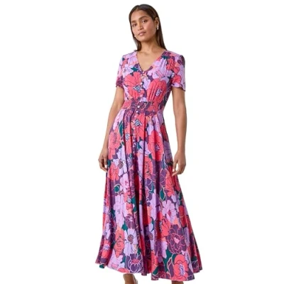 Image of Roman Originals Shirred Waist Dress for Women UK Ladies Midi Maxi Summer Spring Tiered Frill Hem Short Sleeve V Neck Button Through Boho Bohemian Gypsy Holiday Purple Multi Size 10