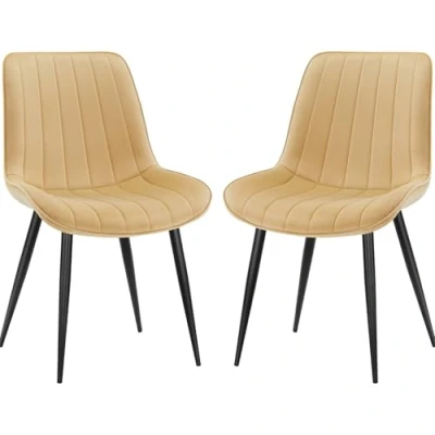 Image of LONGTOO Set of 2 Dining Chairs with Velvet Upholstered Seat &amp; Backrest,Stable Metal Legs,Modern Stripe Design,Champagne