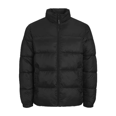 Image of JACK &amp; JONES Mens Puffer Jacket Windproof Full Zip Stand up Collar Long Sleeve Jackets for Men, Black Colour, Size 2XL