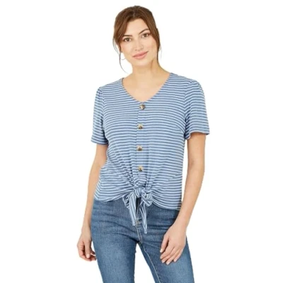 Image of Yumi Blue Striped Jersey Button Detail Top 10