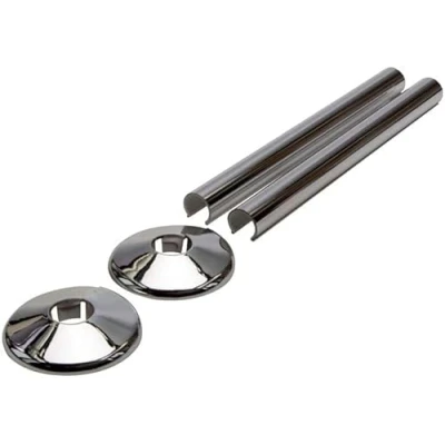 Image of Chrome Radiator Pipe Covers SnapFit 2 Pack 200mm Long 15mm Central Heating Clip On Snappit
