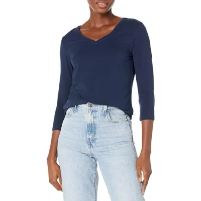 Image of Amazon Essentials Women&#039;s Classic Fit 3/4 Sleeve V Neck T Shirt (Available in Plus Size), Navy, XL