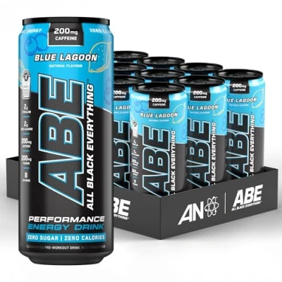 Image of Applied Nutrition ABE Pre Workout Cans All Black Everything Energy + Performance Drink, Carbonated Beverage Sugar Free with Caffeine (Pack of 12 x 330ml) (Blue Lagoon)