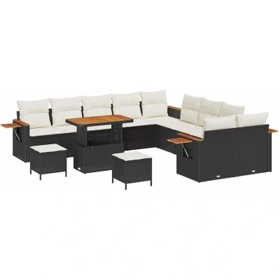 Image of vidaXL 13 Piece Garden Sofa Set with Cushions Black Poly Rattan Acacia