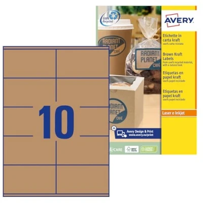 Image of AVERY Zweckform L7109 25 Kraft Paper Labels (25 Stickers for Printing, 210 x 297 mm on A4, Self Adhesive, Rectangular Recycled Labels, Sustainable Product Stickers), Sheets, Natural Brown
