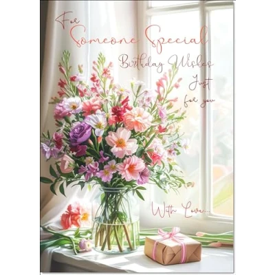 Image of doodlecards Someone Special Birthday Card Flower Bouquet and present Medium Size with Plain Envelope