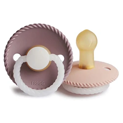 Image of FRIGG Rope Night Latex Pacifier Pack of 2 Natural Rubber Soother Dummy Glow BPA Free Made in Denmark Symmetrical Cherry Shaped Nipple (Twilight Mauve Night/Blush Night, Size 1 (0 6 Months))