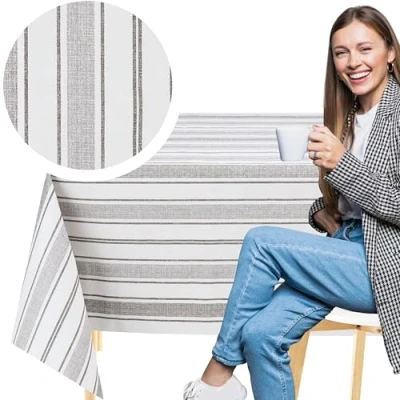 Image of KP HOME Wipe Clean Tablecloth Rectangular 78.7&quot;x 55.1&quot; (200x140cm) Plastic Table Cloth Clean, Rectangle Outdoor PVC Oil Cover Waterproof Sophisticated Stripes Pattern