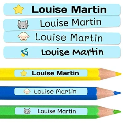 Image of 50 Personalized Minis Adhesive Labels to Mark Objects, Pencils, pens, etc. Measure 4,2 x 0,5 cm. Pastel Blue Color