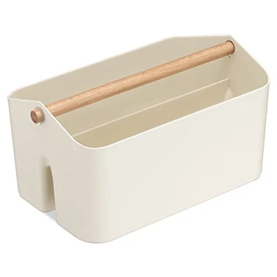 Image of Navaris Plastic Organiser Box Utensil Holder w/Wooden Handle and 2 Compartments Storage Container for Bathroom Bedroom Kitchen Cream, Medium