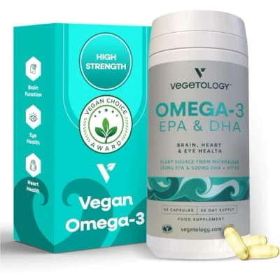 Image of Vegetology Vegan Omega 3 Supplement (60 Capsules) 3, EPA, Vitamin D3 &amp; DHA Supplements Algae for Brain, Eye, Heart Health Kids Adults
