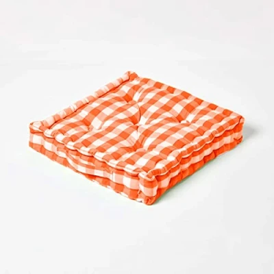 Image of HOMESCAPES Orange and White Gingham Floor Cushion Block Check Pattern 100% Cotton Pad 40 x 8cm Square Outdoor Garden or Indoor Dining Chair Booster Seat