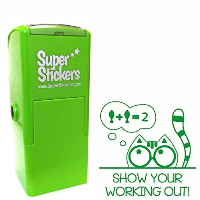 Image of Teacher Stamp, Education Marking Reward Stamps for School Remember to Show Your Working Out Cat, Impression Size Approx. 23x23 mm, Green Ink