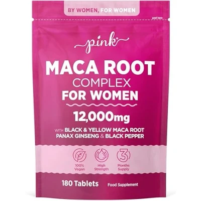 Image of Maca Root Capsules for Women 12,000mg High Strength Black &amp; Yellow with Panax Ginseng and Pepper Botanical Supplement to Support Women&#039;s Health by PINK