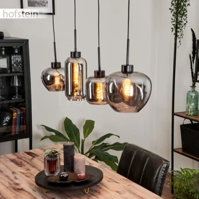 Image of Hanging Light Talok, Made of Metal/Glass in Black/Smoke Colour, lampshades Glass, Height max. 120 cm, 4 x E27, Without Bulbs