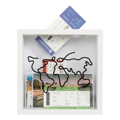 Image of CAINCAY Adventure Archive Box, 29x29cm White Travel Memory Box Wood Frame Tickets Collection Shadow with Slot for Movie Theater Stubs