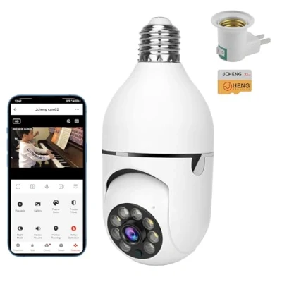 Image of JCHENG Light Bulb Security Camera 4MP 355 Rotating Guard Compatible with Alexa/Google Assistant/Alarm System SD Card Included Indoor