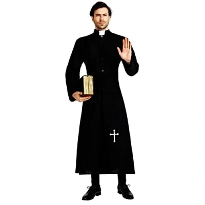 Image of Wudaizhi Men&#039;s Priest Vicar Costume Black Religious Pastor Father Costumes Fancy Dress Up Outfit Cosplay Robe for Adult