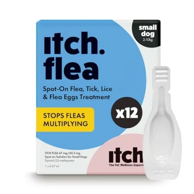 Image of Itch Small Dog Flea &amp; Tick Treatment Spot On Solution Dogs 2kg 10kg Kills Fleas, Lice, Ticks, Eggs and Larvae Vet Strength 12 Pipettes
