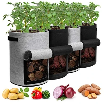 Image of Homyhoo Potato Grow Bags with Flap 10 Gallon, 4 Pack Planter Pot Handles and Harvest Window for Tomato Vegetables, Black Gray