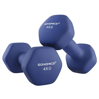 Image of SONGMICS Dumbbells Set of 2, 2 x 4 kg, Dumbbell Set, Hexagon, Neoprene Coating, Strength Training, Workout, Fitness Training for Home, Port Blue SYL908Q01