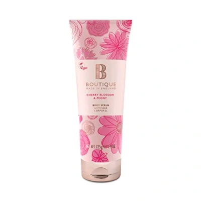 Image of Boutique Cherry Blossom &amp; Peony Fragrance Body Scrub 225ml, Exfoliating Refreshing Essential Oils Vegan and Cruelty Free, No SLS or Parabens Made In England