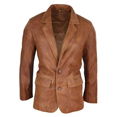 Image of Mens Regular Fit Classic Real Leather 2 Button tan Brown Blazer Jacket Vintage L