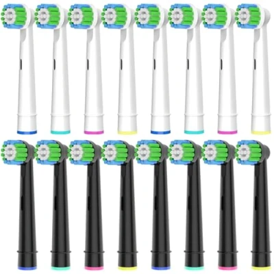 Image of 16 Count Replacement Toothbrush Heads Compatible for Braun Oral B Electric Toothbrush. 8pcs White and Black.