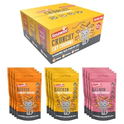 Image of Rosewood Daily Eats Crunchy Cushions Cat Treats Variety Box, Chicken, Cheese and Salmon Flavours 12pc, 720g Box