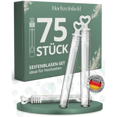 Image of HOCHZEITSHELD Soap Bubbles Wedding Pack of 75 with White Heart Grip Ideal as a Registry Office Decoration or Surprise Perfect Table Tears Joy Mini Air