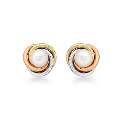 Image of Carissima Gold Women&#039;s 9 ct Three Colour 6 mm Pearl and 11 Knot Stud Earrings