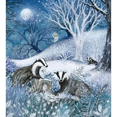 Image of Charity Christmas Cards Pack of 5 Age UK, Marie Curie, BHF, Mind Artistic Festive Design Badgers in the Snow Made UK Eco Friendly