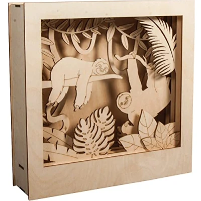 Image of Rayher Shadow Box Building Kit with Sloth Design, 3D Scenery, DIY Wood Craft Set, 11 slot together Pieces, FSC certified product, 24x24x6.5cm, 62875505