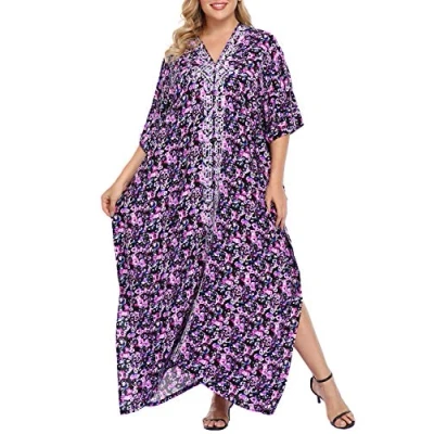 Image of HDE Women UPF 50 Kaftan Dress Oversize V Neck Long Plus Size Maxi Swim Cover Up purple One