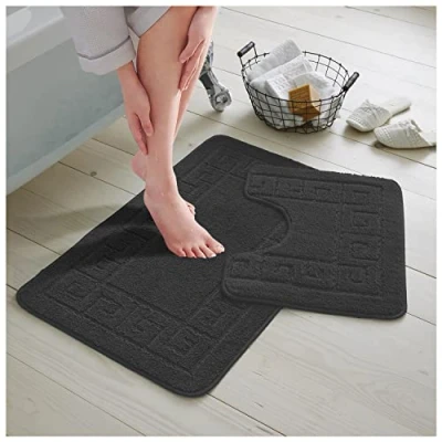 Image of GC GAVENO CAVAILIA Bath Mat Set 2 Piece Non Slip Bathroom Rug Toilet With Pedestal Machine Washable Floor Charcoal