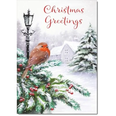 Image of doodlecards Christmas Greetings Card Robin by Lamp Medium Size with Plain Envelope