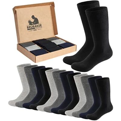 Image of BRUBAKER 10 Pairs of Men&#039;s Socks in Gift Box Comfort &amp; Business Large Sock Set Fine and Soft Cotton without Elastic Colour Mix Black, Grey Dark Blue UK Size 9 11