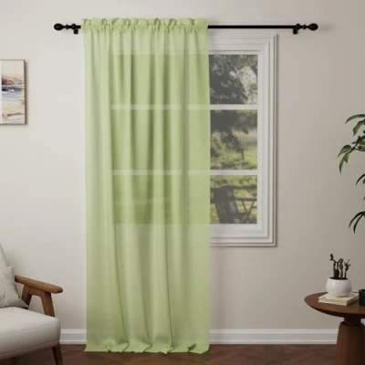 Image of Pacok Green Voile Curtains, 108 Drop Net Curtain for Windows, Rod Pocket Sheer Panel Curtains Living Room Kitcken Bedroom W56xL108 Inch(Green, 142 x 274cm)